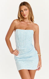 Mini-robe Rachel - Robe bustier corset avec jupe drapée bleu glacier