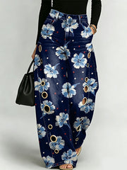 Elegant Floral Decorative Patterns Women's Casual Cotton Denim Pants