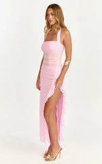 Robe midi Almarie – Robe en maille rose à col noué