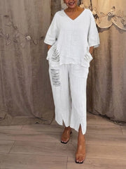 Casual Linen And Cotton Two-piece Top And Pants Set