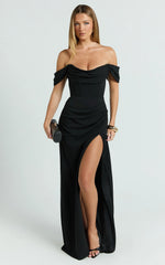 Robe longue Marcel - Robe corset fendue noire à épaules dénudées