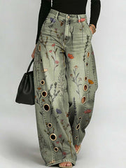 Women's Retro Floral Art Print Casual Stylish Hollow Denim Pants