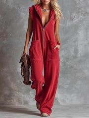 Women's Solid Color Sleeveless Casual Loose Hooded Cotton Wide-leg Jumpsuit