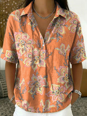 Women's Vintage Botanical Floral Casual Polo Collar Short-sleeved Linen And Cotton Shirt