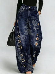 Printed Curved-leg Jeans With Metal Ring Accents