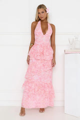 Robe longue à volants et licou Tropical Bloom rose