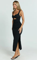Robe mi-longue Bianca - Robe froncée à découpes et torsades sur le devant, en noir