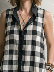 Black & White Gingham Patchwork Sleeveless Linen-cotton Shirt Dress
