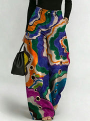 Women's Retro Geometric Color-blocking Patterns Printed Stylish Cutout Casual Denim Jeans