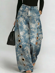 Women's Retro Floral Art Print Casual Stylish Hollow Denim Pants