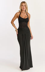 Robe longue Melville - Robe dos nu drapée devant avec corsage en dentelle noire