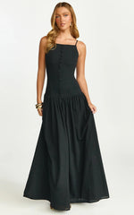 Robe longue Cortez - Robe boutonnée à encolure carrée et taille basse en noir