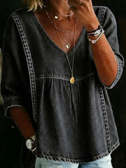 Casual Patchwork Lace Denim Top