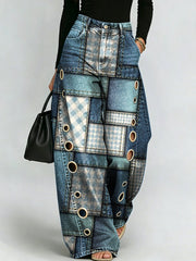 Color-block Patchwork Plaid & Denim Print Wide-leg Jeans With Metal Rings And Curved Seams