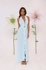 Robe longue dos nu « Nuits de verre marin » bleue