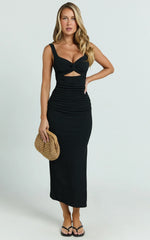 Robe mi-longue Bianca - Robe froncée à découpes et torsades sur le devant, en noir