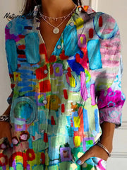 Colorful Abstract Painting Printed Women's Casual Cotton Shirt