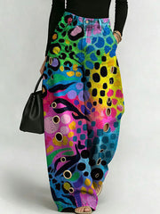 Women's Retro Geometric Color-blocking Patterns Printed Stylish Cutout Casual Denim Jeans