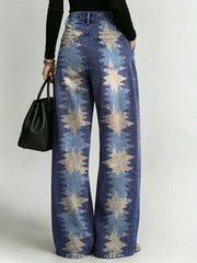Women's Retro Geometric Patterns Printed Stylish Cutout Casual Denim Jeans