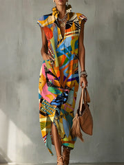 Colorful Geometric Mix-and-match Decorative Pattern Women's No Sleeve Bud Collar Linen Cotton Dress
