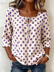 Women's Casual Loose Cotton-linen Top With Square Neck 3/4 Sleeves And Polka Dot Print
