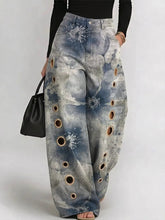 Women's Vintage Ink Wash Art Flowers Print Casual Fashion Cutout Jeans