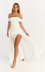 Robe longue Florence - Robe à épaules dénudées avec jupe transparente blanche