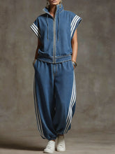 Women's Stand-collar Short-sleeved Casual Loose Denim Top And High-waisted Wide-leg Jeans Set.