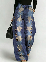 Women's Retro Geometric Patterns Printed Stylish Cutout Casual Denim Jeans