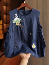 Casual Embroidered Linen And Cotton Sleeveless Top
