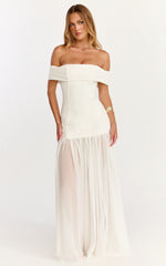 Robe longue Florence - Robe à épaules dénudées avec jupe transparente blanche