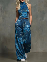 Stylish And Elegant Floral Print Sleeveless Top And Pants Two-piece Set