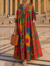 Women's Abstract Print V-neck Long-sleeve Loose-fit Cotton-linen Casual Dress