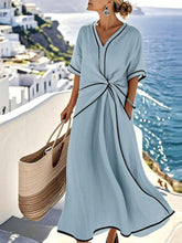 Women's V-neck Short-sleeve Casual Loose Cotton-linen Dress