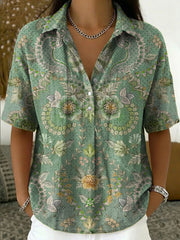Women's Vintage Botanical Floral Casual Polo Collar Short-sleeved Linen And Cotton Shirt