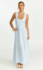 Robe longue Luciana - Robe chasuble à col tunisien bleue