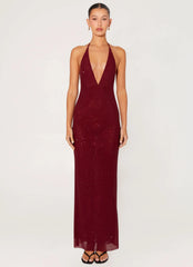 Robe longue perlée Keliese - Bourgogne