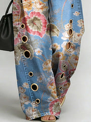 Women's Retro Flowers Print Casual Fashion Cutout Jeans