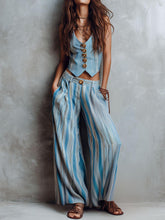 Women's Striped Print V-neck Sleeveless Casual Loose Cotton-linen Top And High-waisted Loose Wide-leg Pants Set
