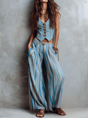 Women's Striped Print V-neck Sleeveless Casual Loose Cotton-linen Top And High-waisted Loose Wide-leg Pants Set