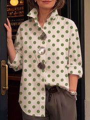 Women's Polka Dot Print Cotton Shirt — Lapel Collar Long Sleeve Casual Loose Fit