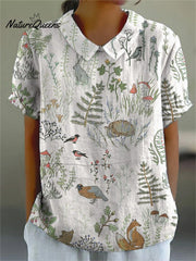 Tranquil Woodland And Animal Pattern Printed Women's Casual Cotton And Linen Shirt