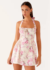 Mini-robe Rosalie à col halter – Imprimé floral rose vintage