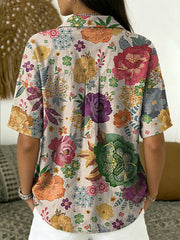 Women's Vintage Botanical Floral Casual Polo Collar Short-sleeved Linen And Cotton Shirt