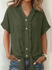 Women's Solid-Color Cotton-Linen Casual Short-Sleeve Button-Down Shirt with Ruffled Trim