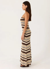 Robe longue Antonie en maille - Rayures chocolat olive