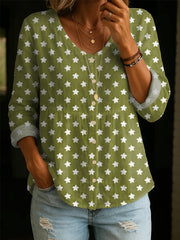 Women's Vintage Star Art Print Linen-cotton Shirt