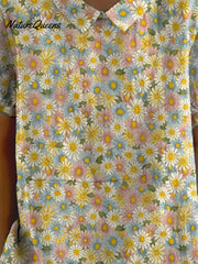 Women's Lovely Floral Art Print Casual Cotton And Linen Shirt