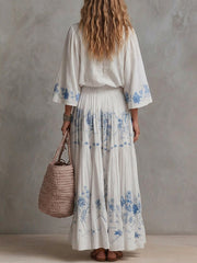 Women's Retro Floral Pattern Art Stylish Cotton Linen Maxi Dress