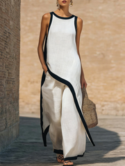 Color-blocked Trim Artistic Cut Cotton-linen Two-piece Set